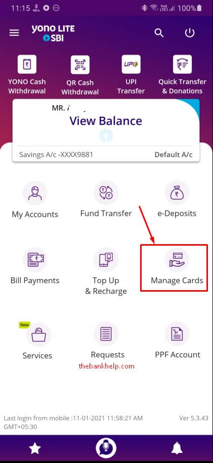 select manage cards option in yono lite app 1