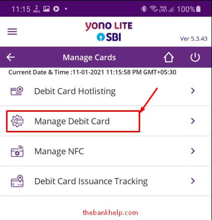select manage debit card option in yono lite app