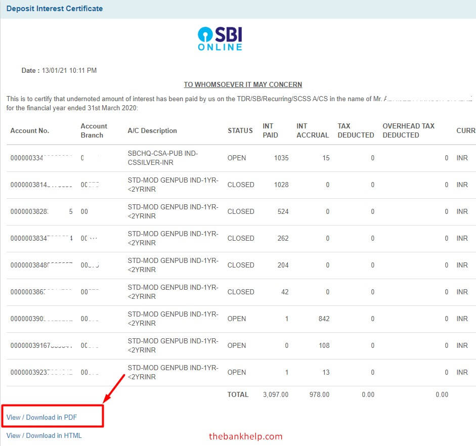 view and download sbi interest certificate