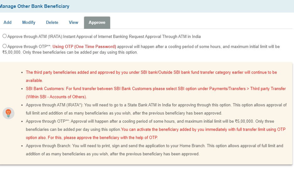 SBI beneficiary approve methods