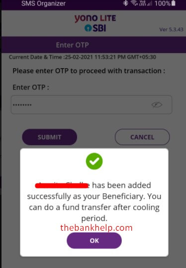 beneficiary added using yono lite app