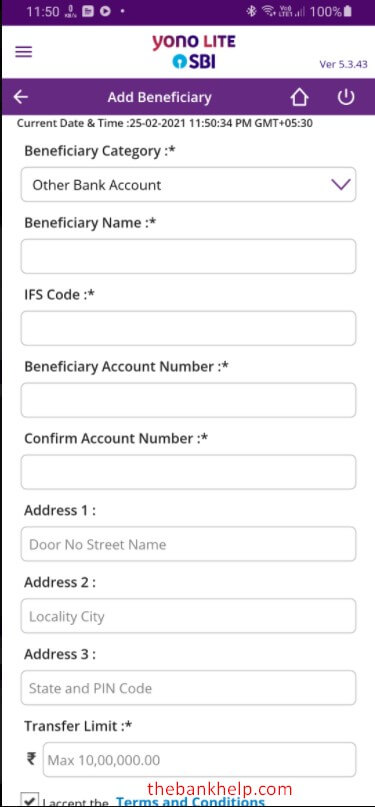 enter beneficiary details in yono lite app