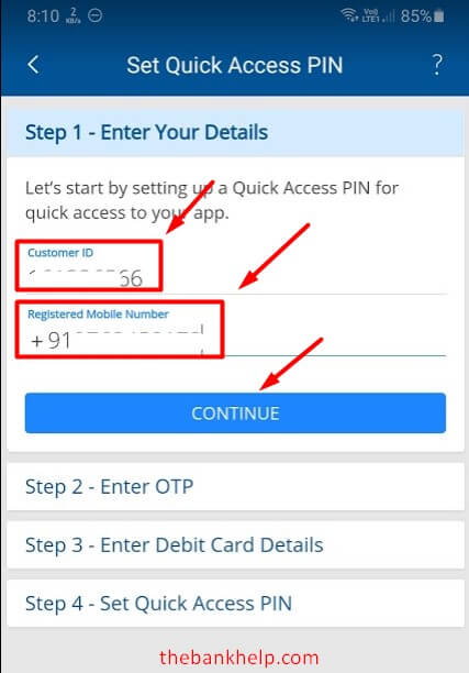 enter customer id and mobile number