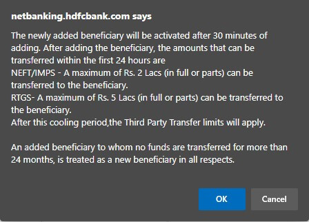 hdfc new beneficiary transfer limit