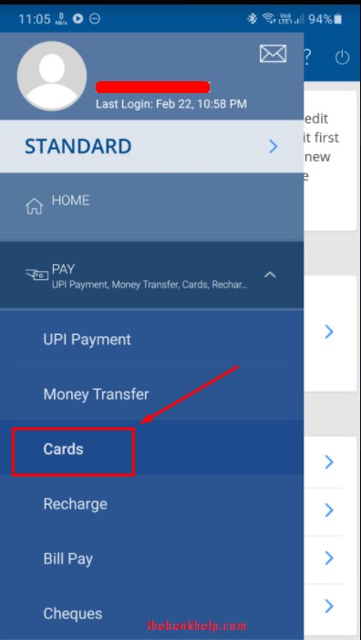 select cards option under pay menu