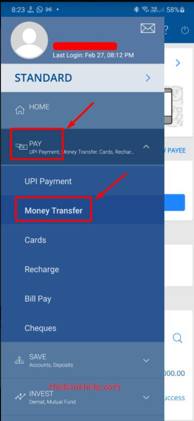 tap on money transfer in hdfc app