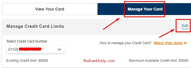 click on manage credit limit in icici internet banking