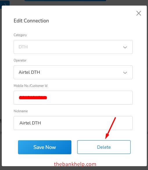 click on delete button to remove saved connection from mobikwik