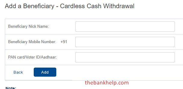 enter cardless cash withdrawal beneficiary details in hdfc
