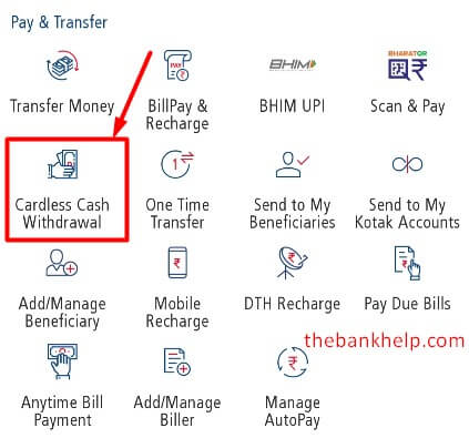 select cardless cash withdrawal option in kotak app