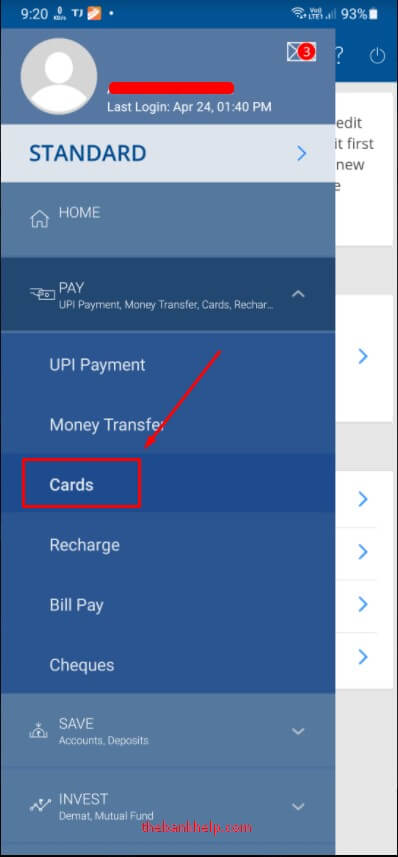 select cards option from hdfc mobile app