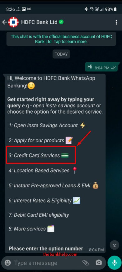 select credit card services option in hdfc whatsapp