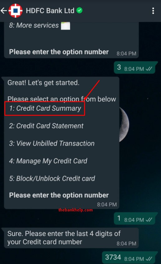 select credit card summary option in hdfc whatsapp