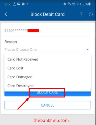 select reason to block card in hdfc app