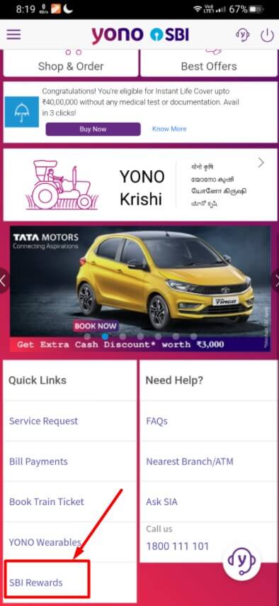 select sbi rewards option in yono app