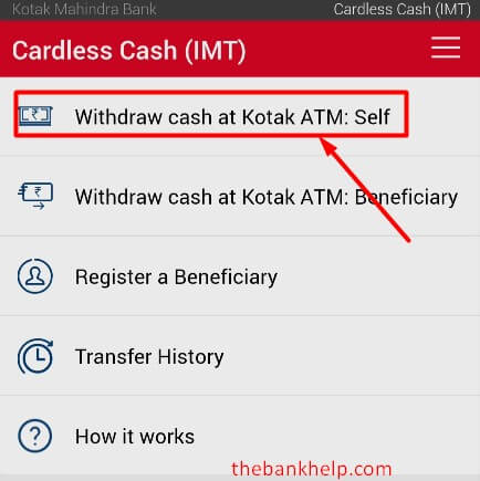 select withdraw cash at kotak self option