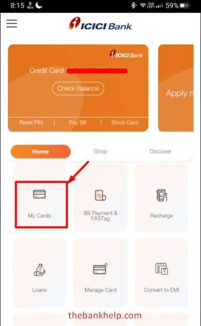 select my cards option in icici imobile app