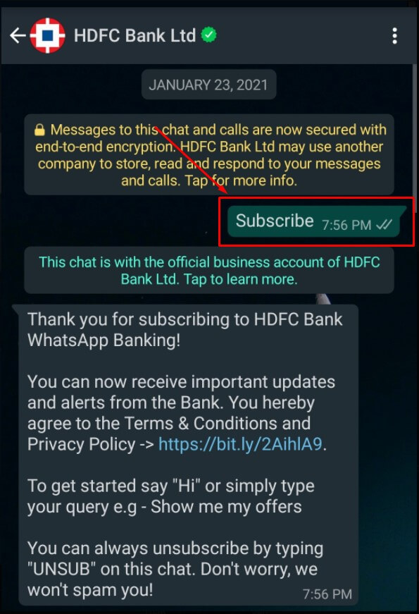 subscribe to hdfc whatsapp banking