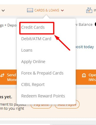 click on credit cards option in icici net banking