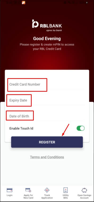 enter card details for rbl credit card registration