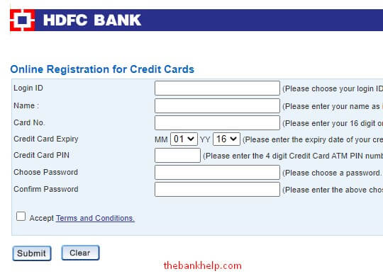 enter credit card details to register on hdfc net banking