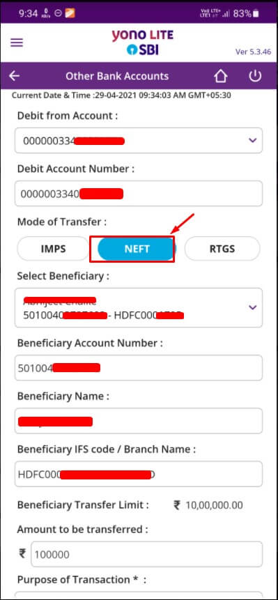select beneficiary to schedule fund transafer in sbi yono lite