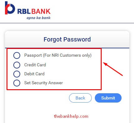select method to reset rbl netbanking password