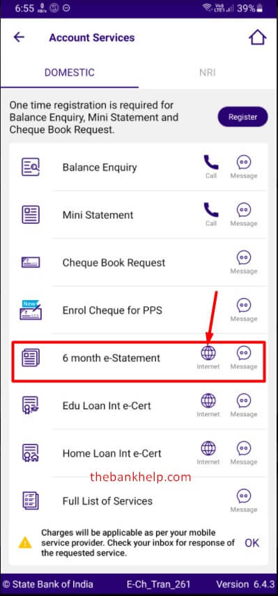 click on 6 month e statement option in sbi quick app