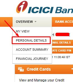 click on personal details in icici net banking