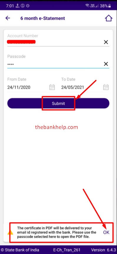 enter account number, passcoe and statement duration in sbi quick app