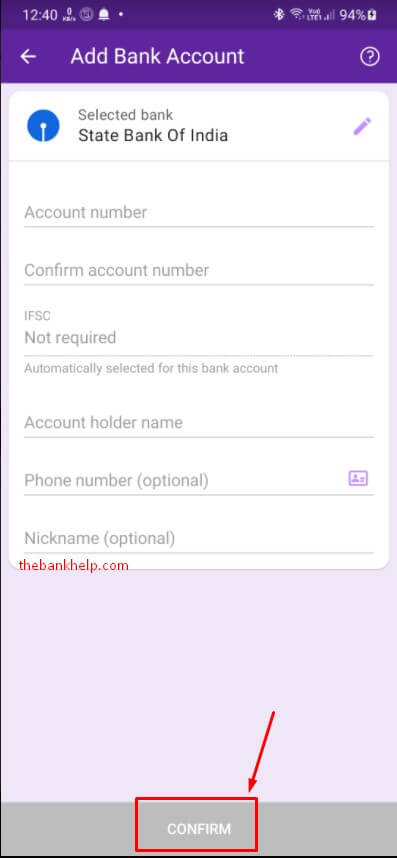 enter bank account number to send money from phonepe
