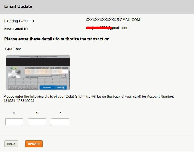 enter digits from debit grid to update email id in icici