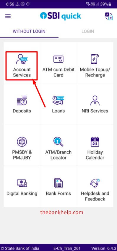 select account services option in sbi quick app