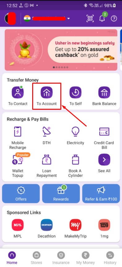 tap on to account option in phonepe