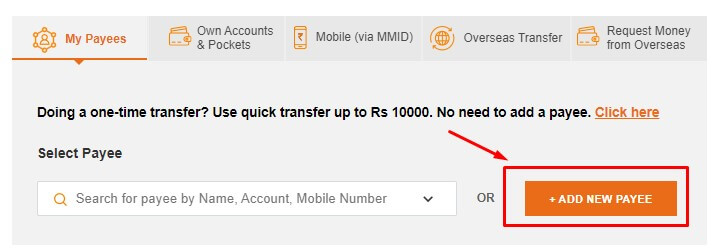 click on add new payee in icici net banking