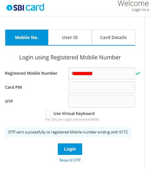 enter otp and sbi card pin
