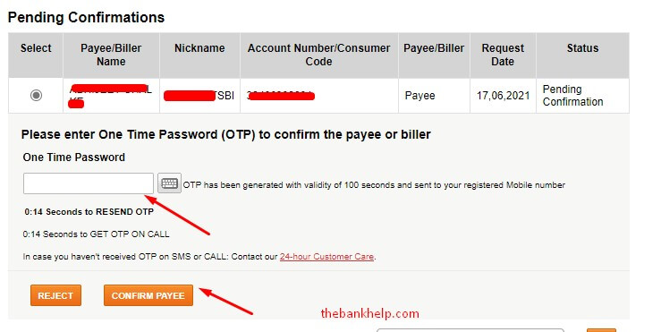 enter the otp received on mobile to add payee in icici