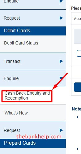click on cash back enquiry and redemption option