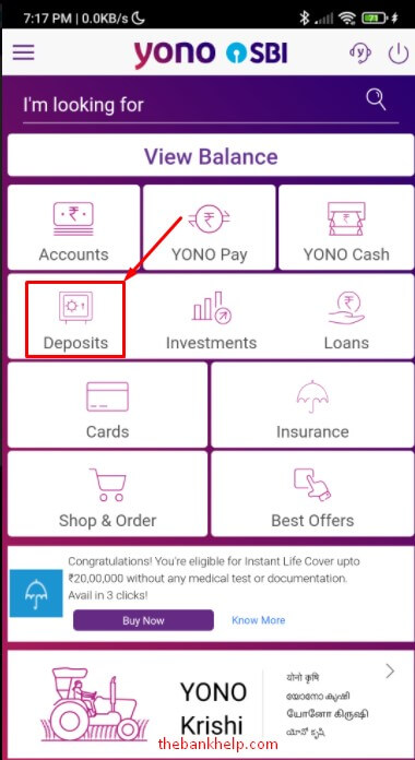 select deposits option in yono app