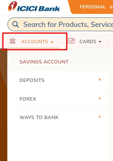 click on accounts option in icici website