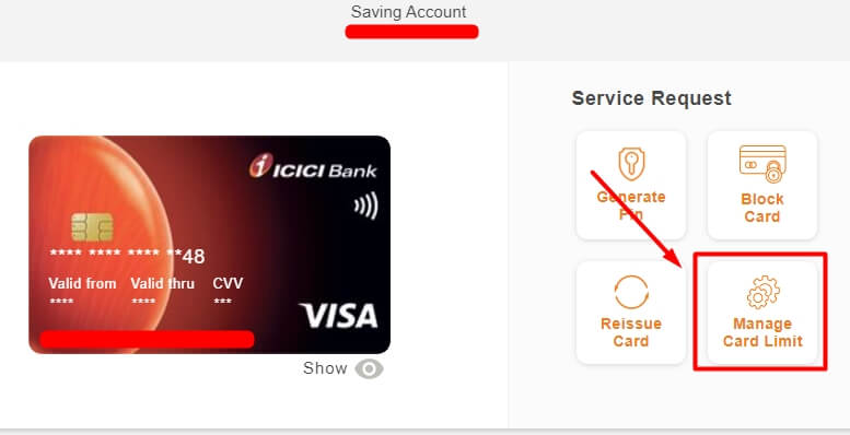 click on manage card limit in icici net banking