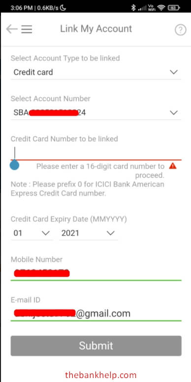 enter credit card details to link in imobile app
