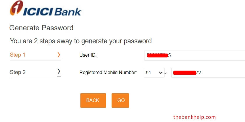 enter user id and mobile number to generate icici net banking password