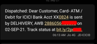 icici debit card tracking by sms2