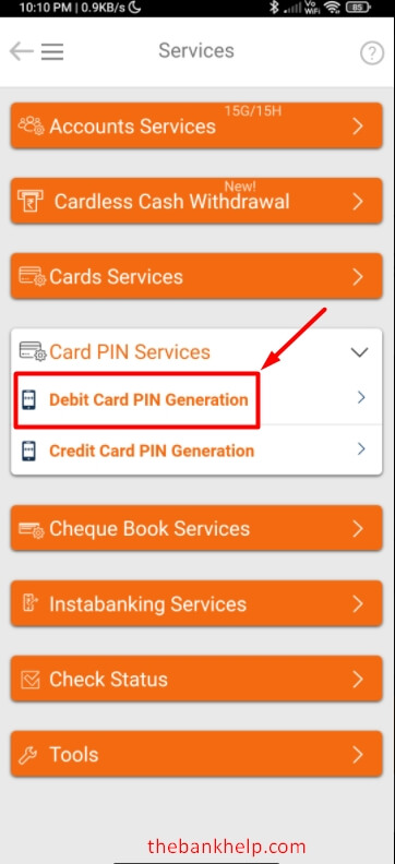 tap on debit card pin generation option