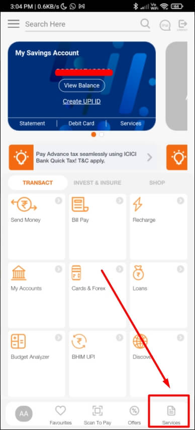 tap on services option in imobile app