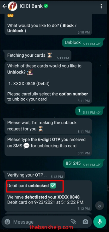 unblock icici debit card using whatsapp