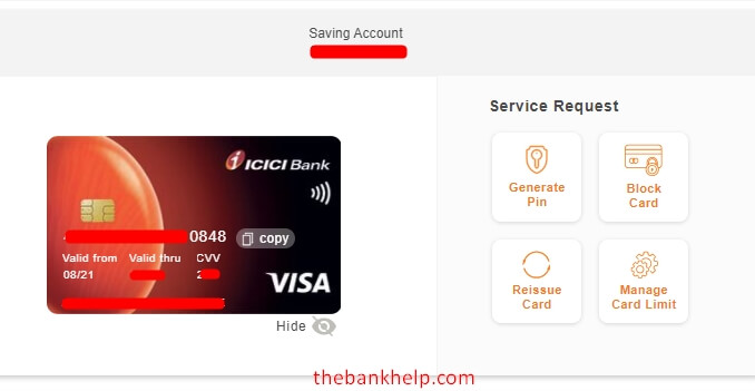 view debit card details using icici net banking