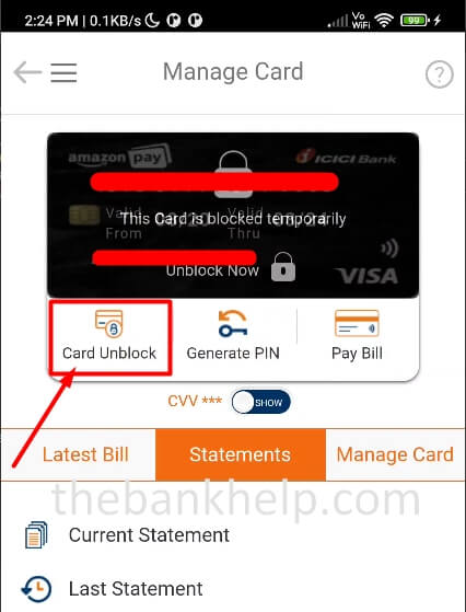 click on card unblock option in imobile app