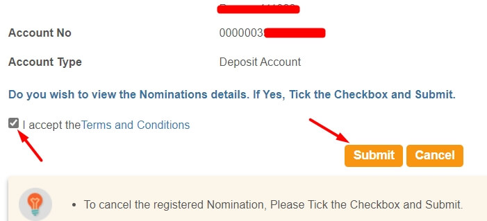 click on i accept tnc to cancel nominee in sbi fd